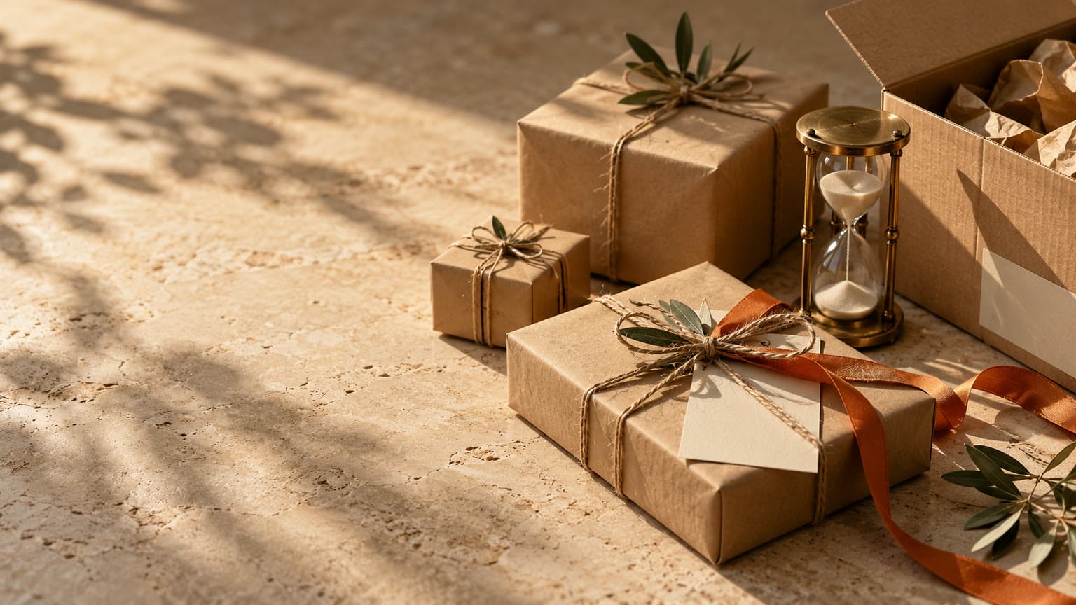 Kraft-wrapped gifts tied with twine and an orange ribbon, a blank cream card under the bow, a brass hourglass and an open shipping box on sunlit stone.