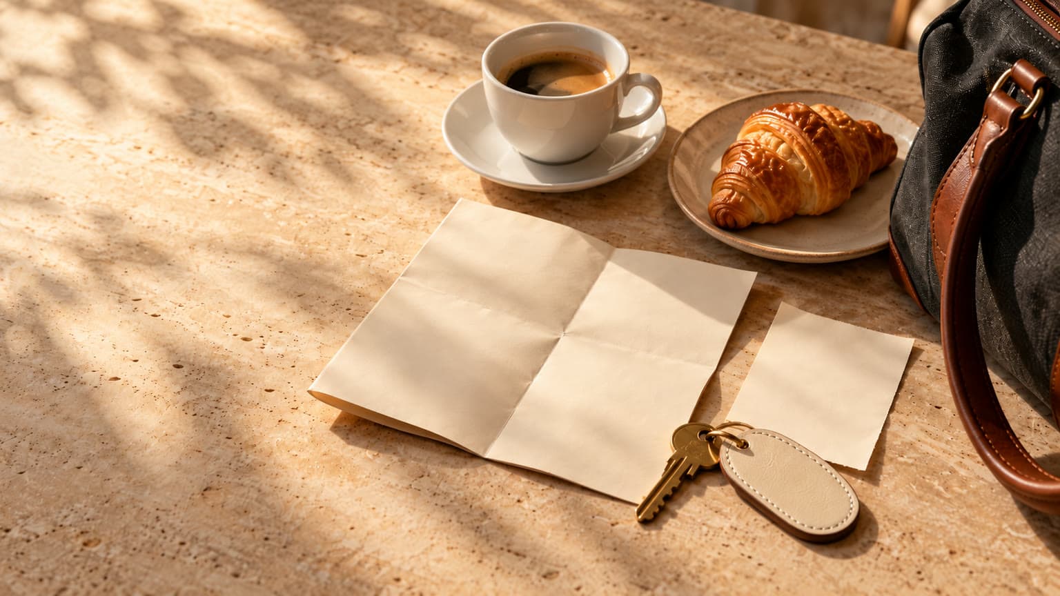 A brass key with a cream leather fob, a blank folded map and receipt, a coffee and a croissant beside a charcoal weekend bag on sunlit stone.