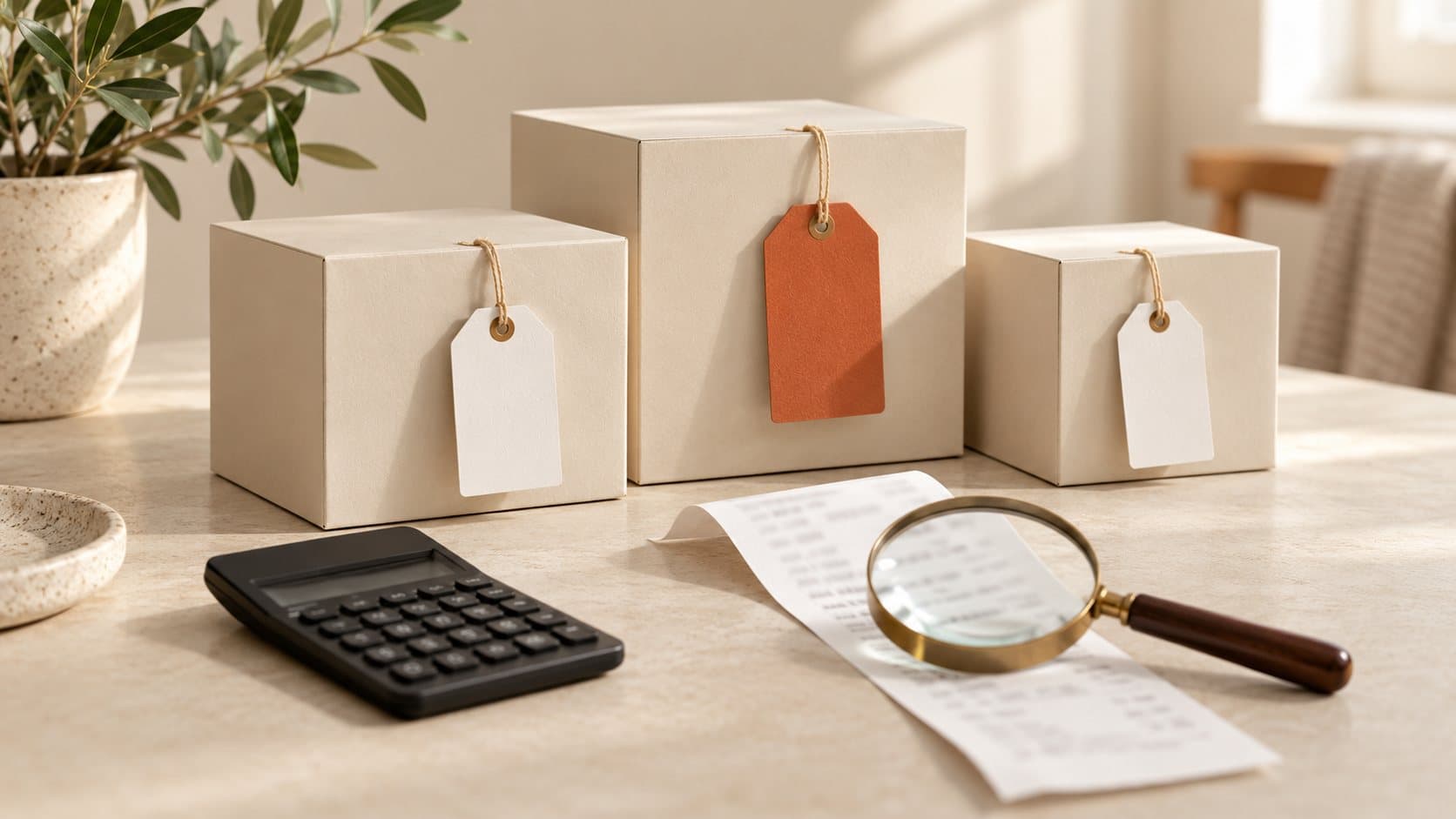 Three plain boxes with blank price tags, one of them orange, beside a calculator, a long receipt and a magnifying glass.