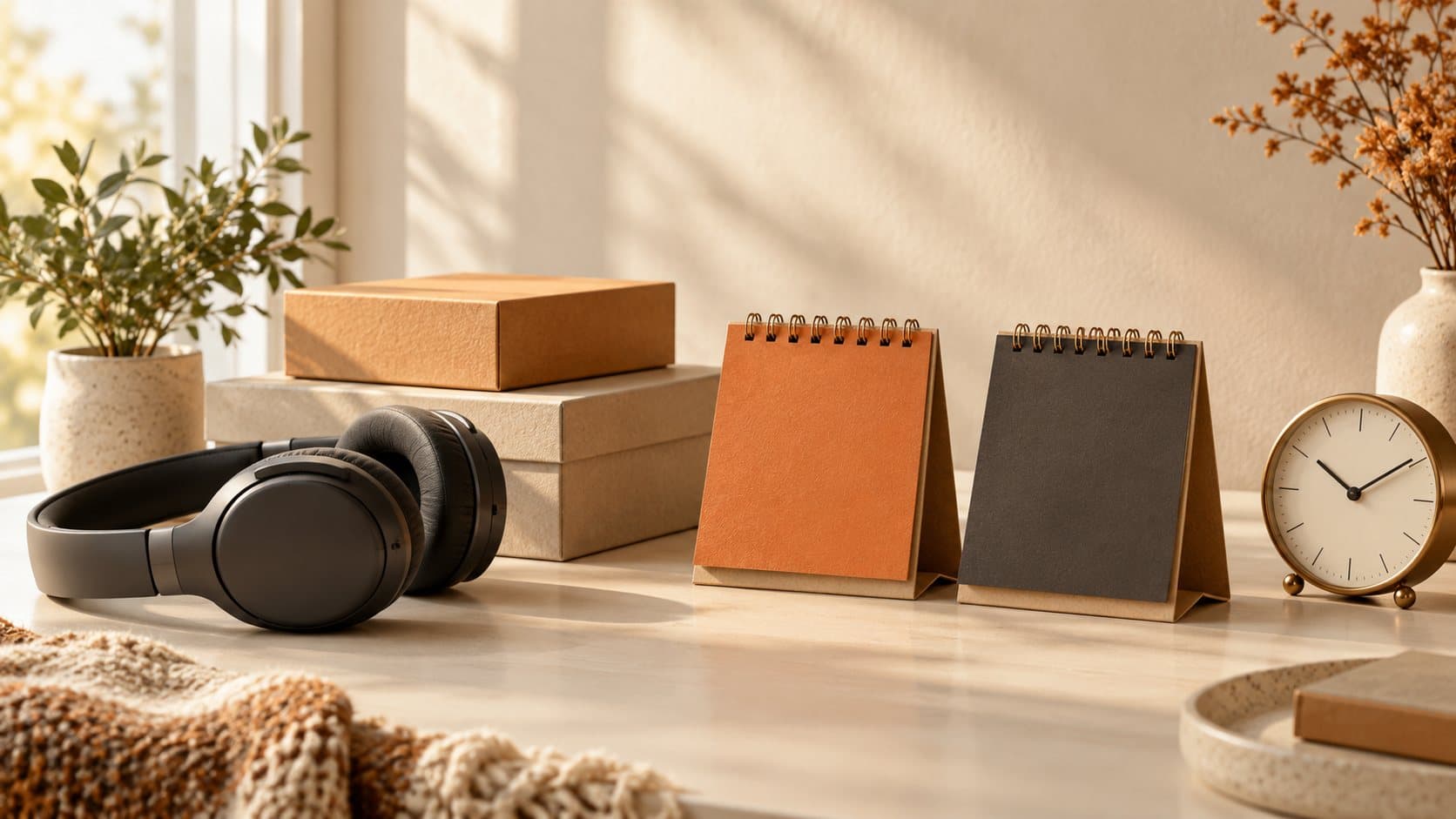 Two blank desk calendars, one orange and one charcoal, between a pair of headphones on stacked boxes and a small brass clock.