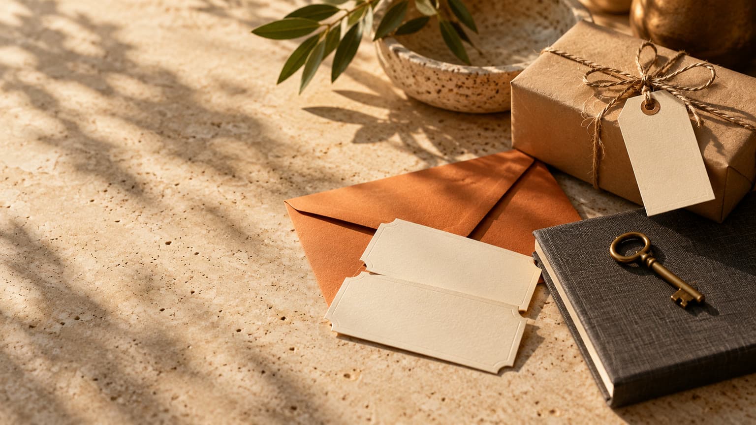A kraft-wrapped gift box with a blank cream tag beside blank admission tickets, an orange envelope and a brass key on a charcoal notebook on sunlit stone.