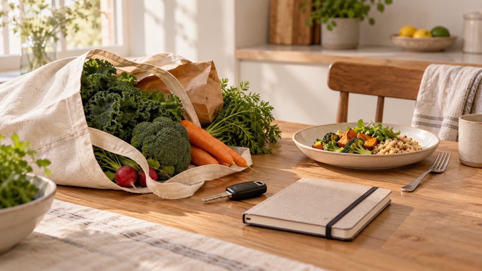 A canvas grocery bag of fresh vegetables on a wooden kitchen table beside car keys, a closed notebook and a plated meal.