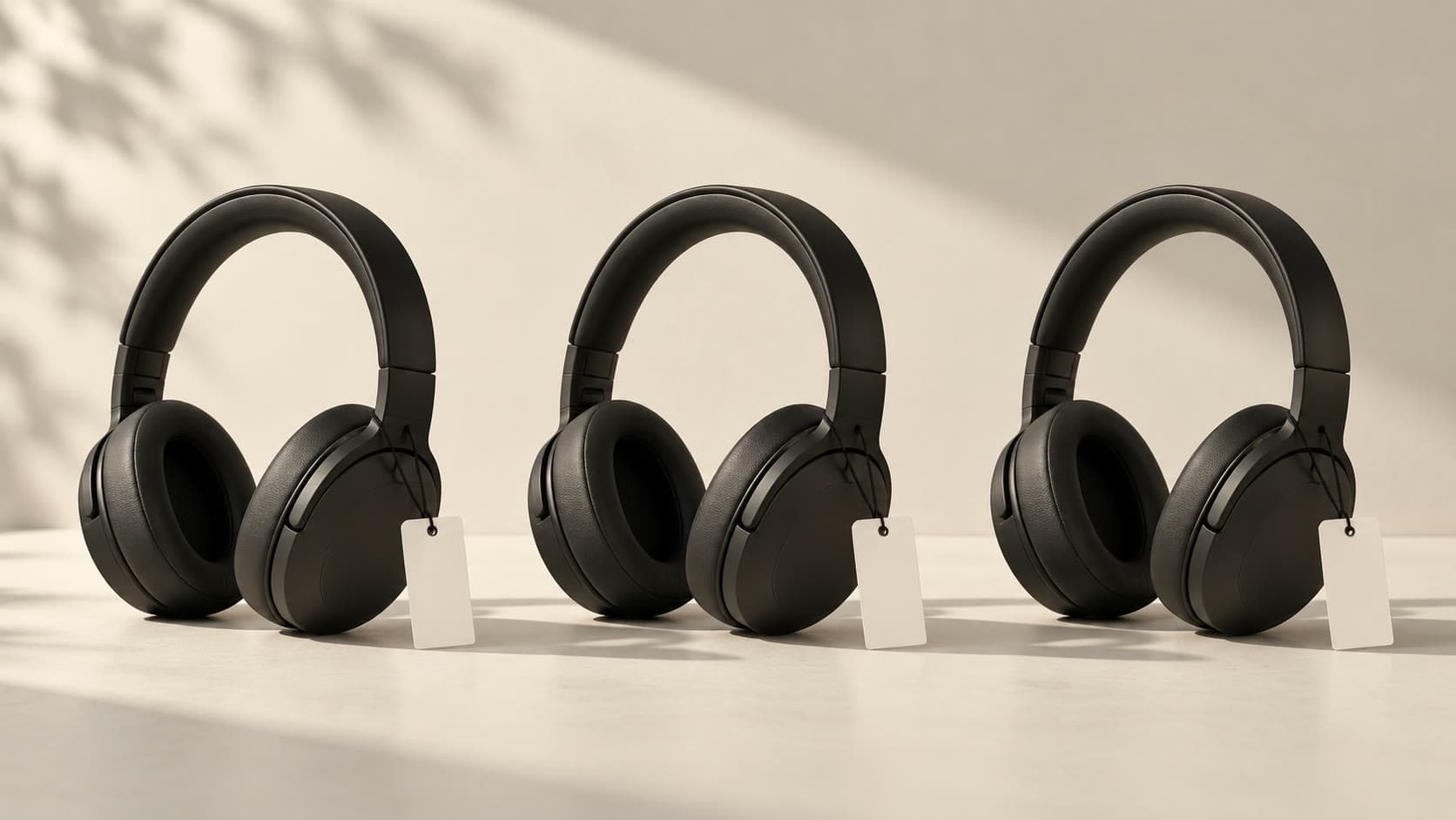 Three matching black headphones with blank price tags, illustrating the same product offered by different sellers.