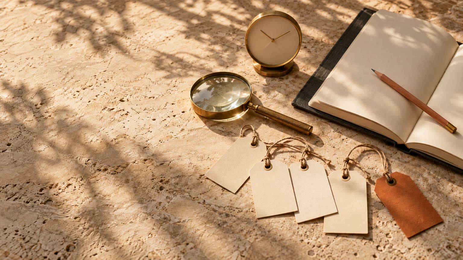 Blank cream price tags on natural string and one orange tag beside an open charcoal notebook, a pencil, a brass magnifying glass and a small brass clock on sunlit stone.