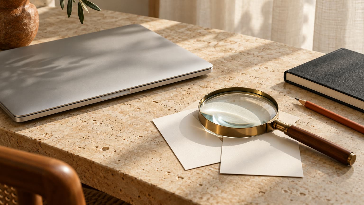 A brass magnifying glass resting on blank product cards beside a closed silver laptop, orange pencil and charcoal notebook on a warm stone desk.