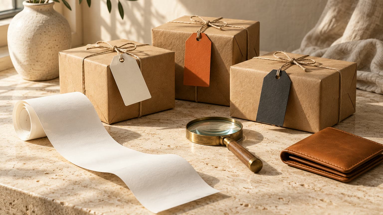 Three kraft parcels with blank cream, orange and charcoal tags beside a blank receipt, a brass magnifying glass and a tan wallet.
