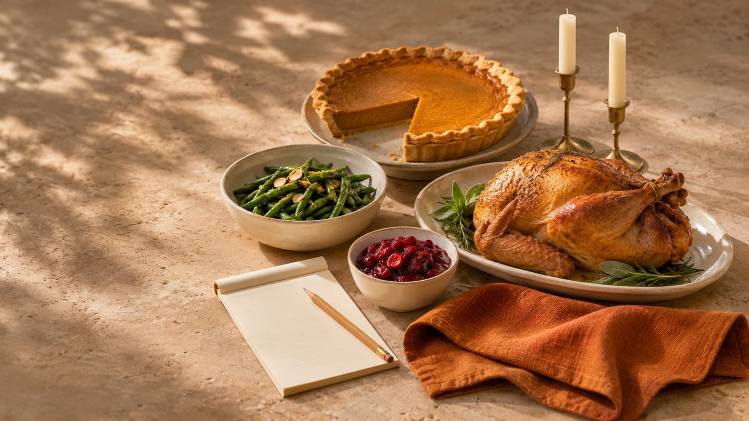 A golden roast turkey on a cream platter with bowls of cranberry sauce and green beans, a pumpkin pie, a blank notepad and an orange linen napkin on a sunlit stone table.
